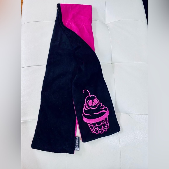 🩷SOURPUSS🖤 Skeleton Scarf Reversible Pink Black Fleece - Picture 2 of 4